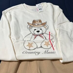 Zoe + Liv Cream Country Music Bear Sweatshirt XS and wide leg sweatpants Sz S